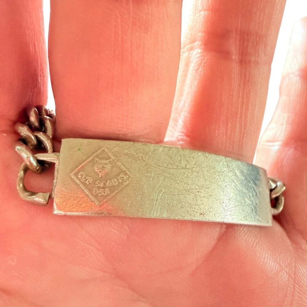 Vintage Cub Scouts BSA ID‎ Bracelet Nickel Silver Wolf Logo Curb Chain 6.5